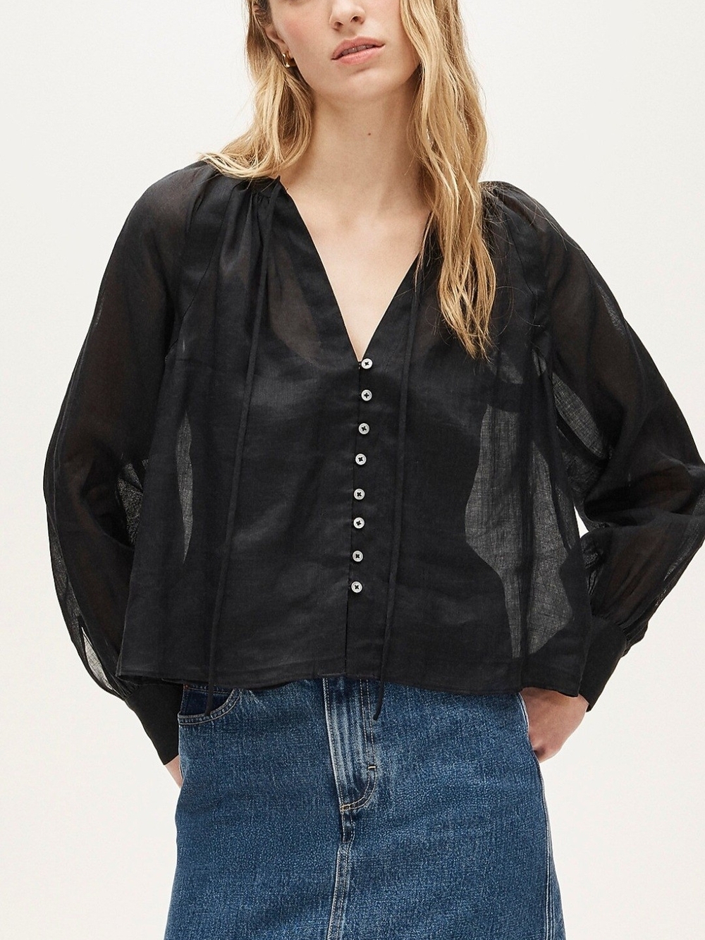 J. Crew NWOT Black Sheer V-Neck Button Blouse
